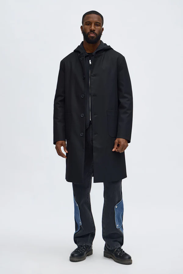 Hooded Ribbed Rain Coat - Black